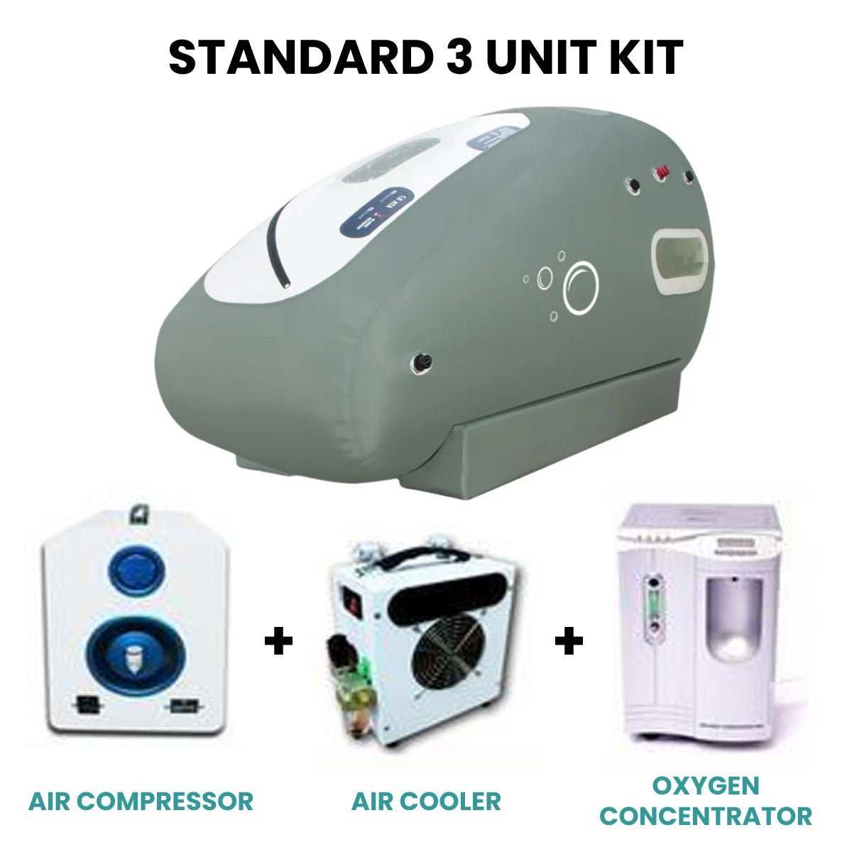 Airvida Pro90 portable seated hyperbaric chamber with air compressor, air cooler, and oxygen concentrator components
