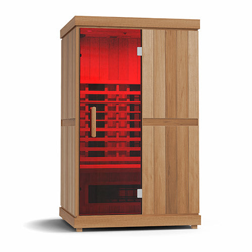 Finnmark FD-2 full-spectrum 2-person infrared sauna with red tinted glass door and wooden exterior