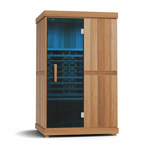 Finnmark FD-2 full-spectrum infrared sauna with wood finish and glass door for two-person home use.