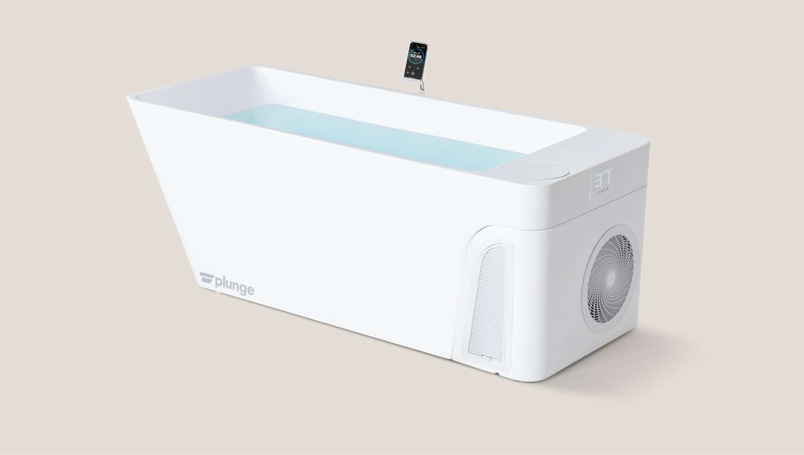 Premium cold plunge tub in white with sleek design, integrated cooling system, and smartphone control for recovery and wellness