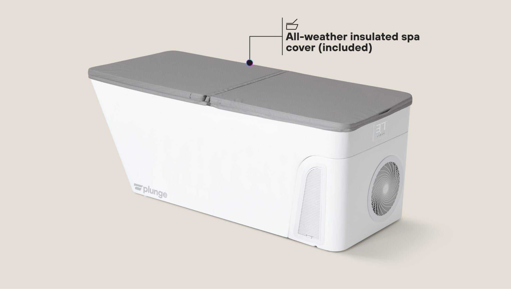 Premium cold plunge tub with all-weather insulated spa cover, ultra-quiet stainless steel design, and smartphone control for recovery and wellness.