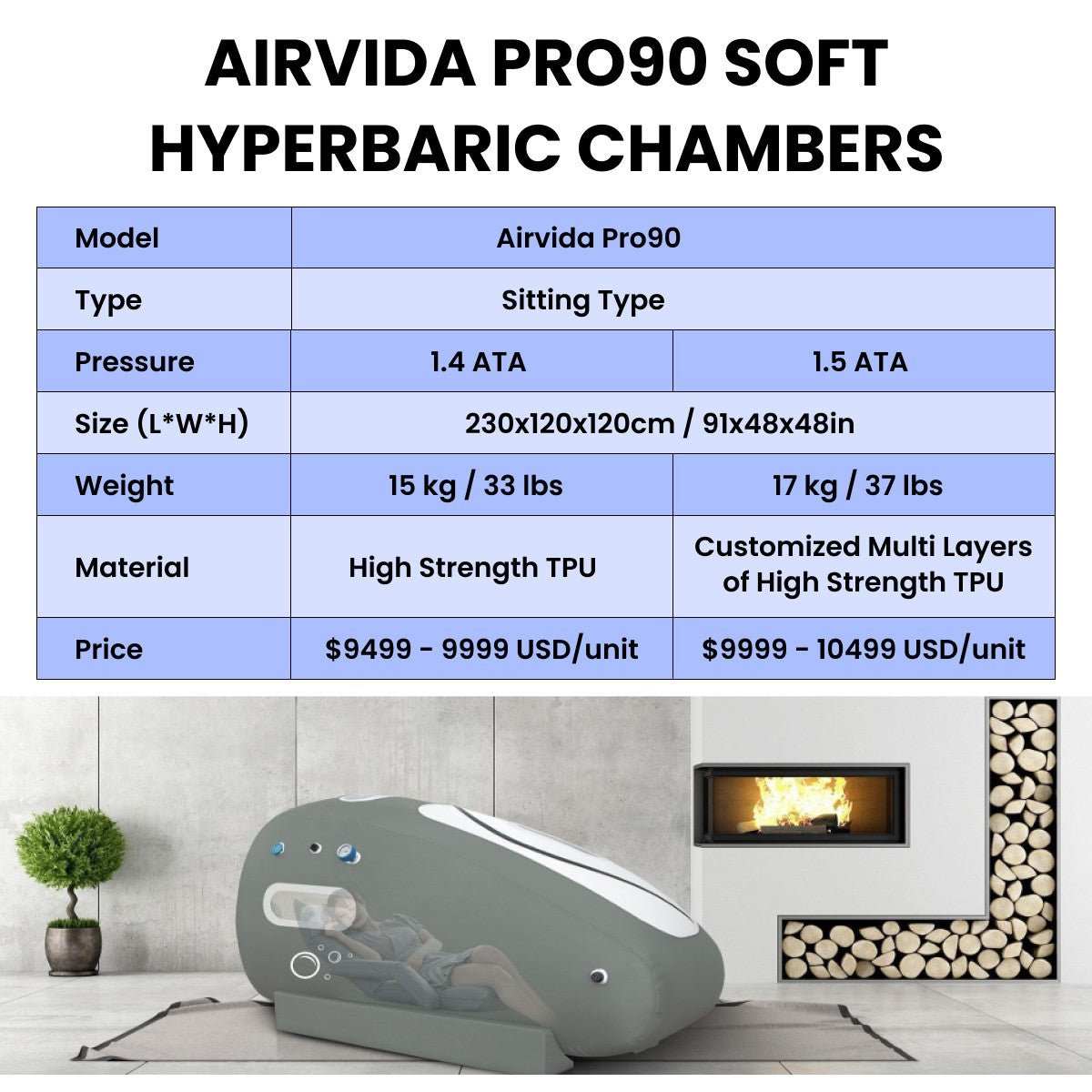 Airvida Pro90 portable seated soft hyperbaric chamber with adjustable pressure and transparent windows
