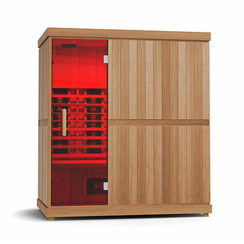 Finnmark FD-3 full spectrum infrared sauna with wooden exterior and red interior lighting for 3-4 persons
