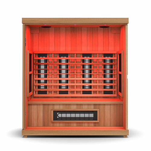 Finnmark FD-3 full spectrum infrared sauna with 3-4 person capacity and red interior lighting