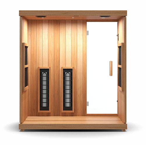 Finnmark FD-3 full spectrum infrared sauna with wooden interior and glass door for 3 to 4 persons
