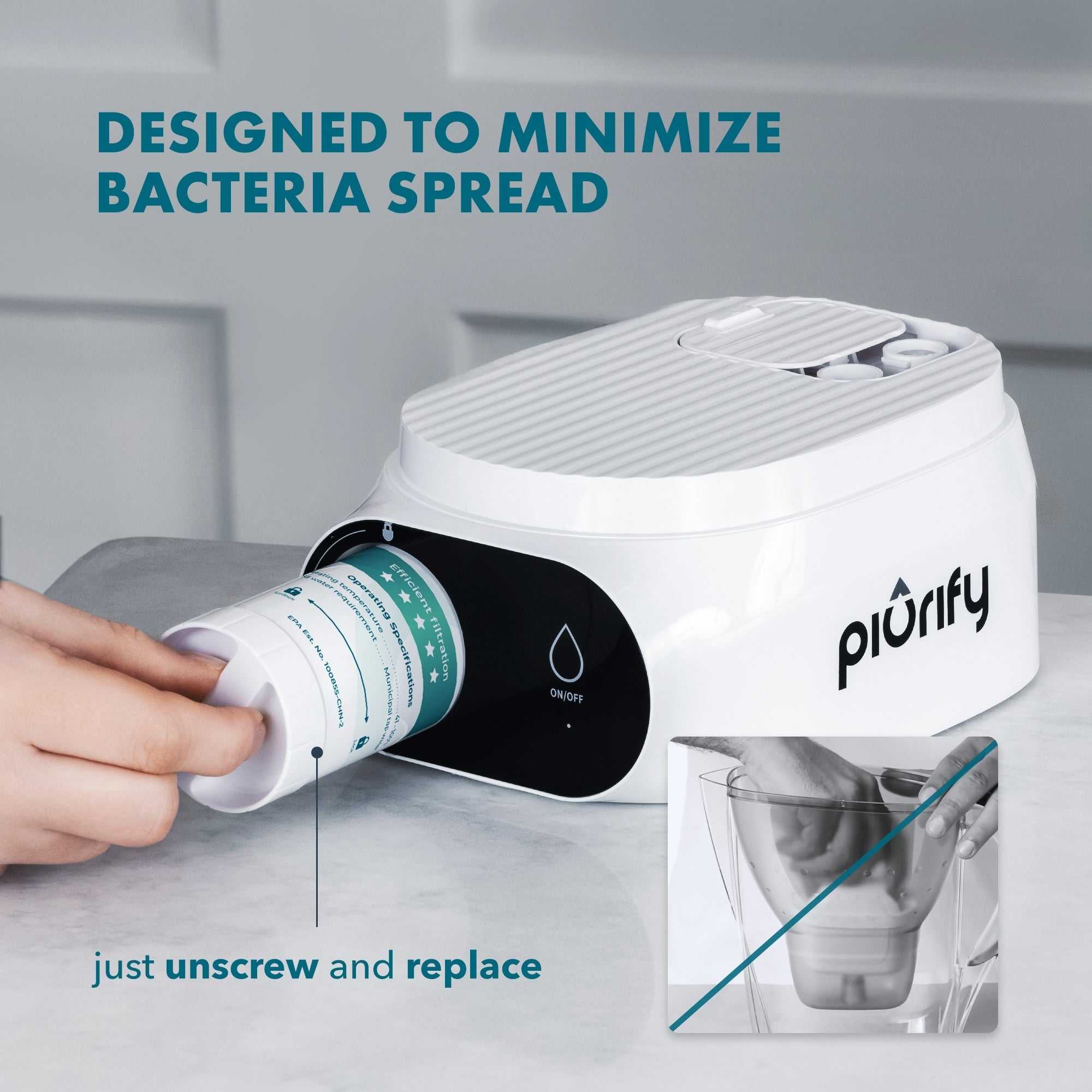 ALCHEMY® Electric Filter Pitcher with advanced ultrafiltration and carbon filter for quick pollutant removal and easy filter replacement