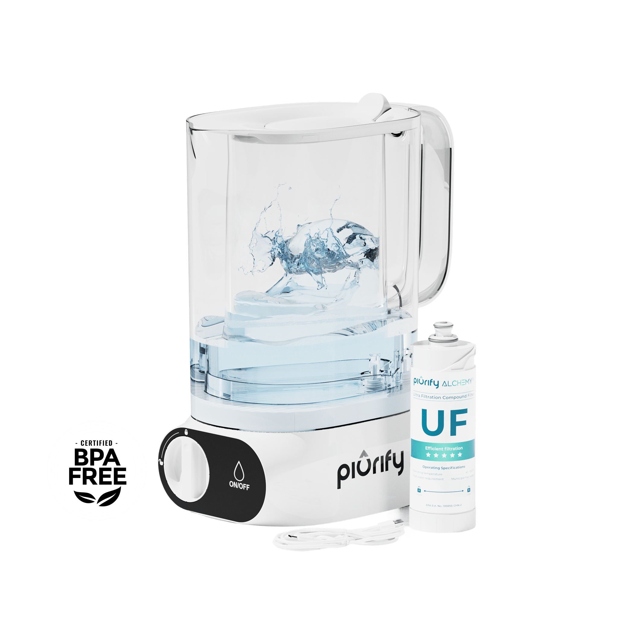 PIURIFY ALCHEMY® Electric Filter Pitcher with Ultrafiltration and Carbon technology, BPA-free water purifier