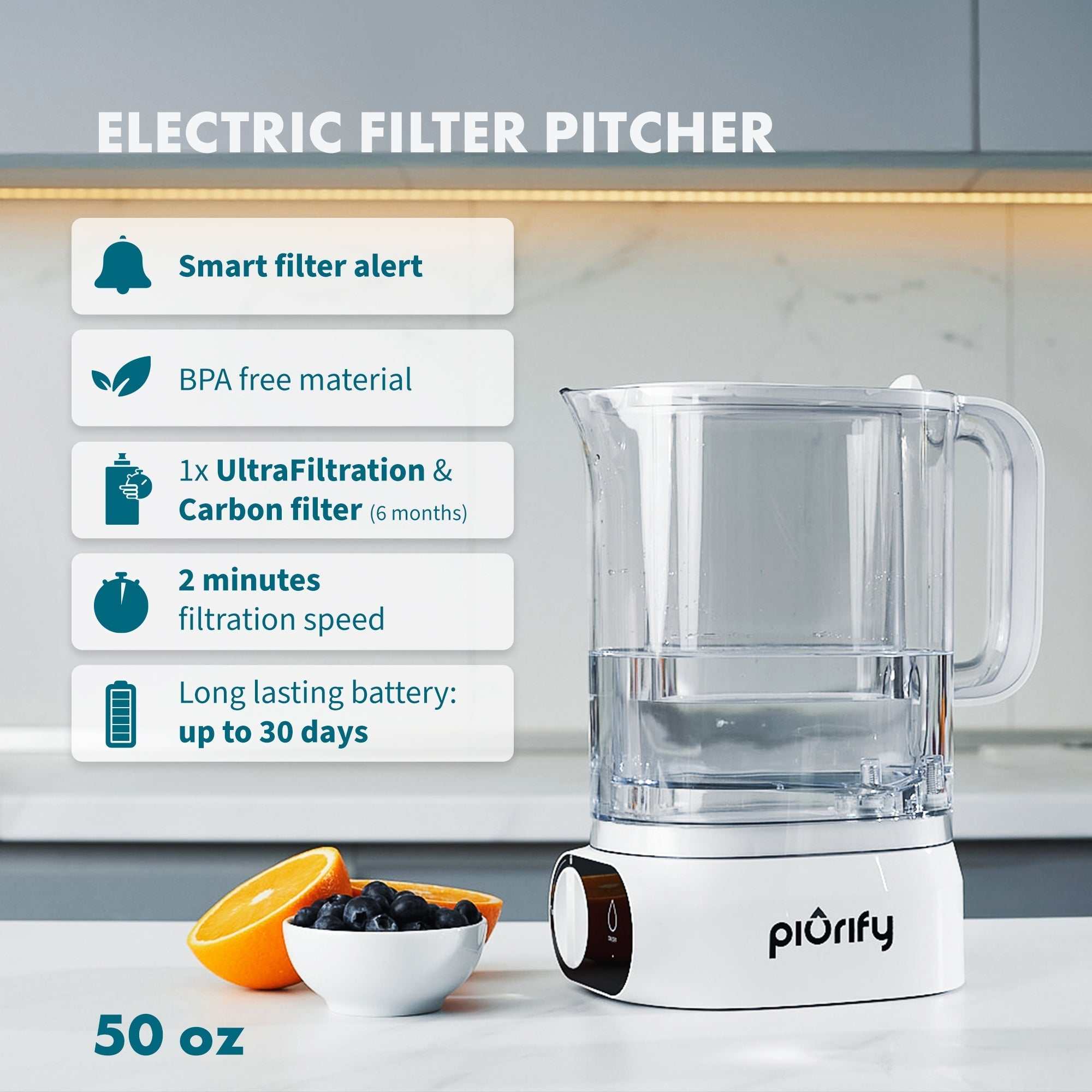 ALCHEMY® Electric Filter Pitcher with ultrafiltration and carbon filter, BPA free, rapid 2-minute filtration, 30-day battery, 50 oz capacity