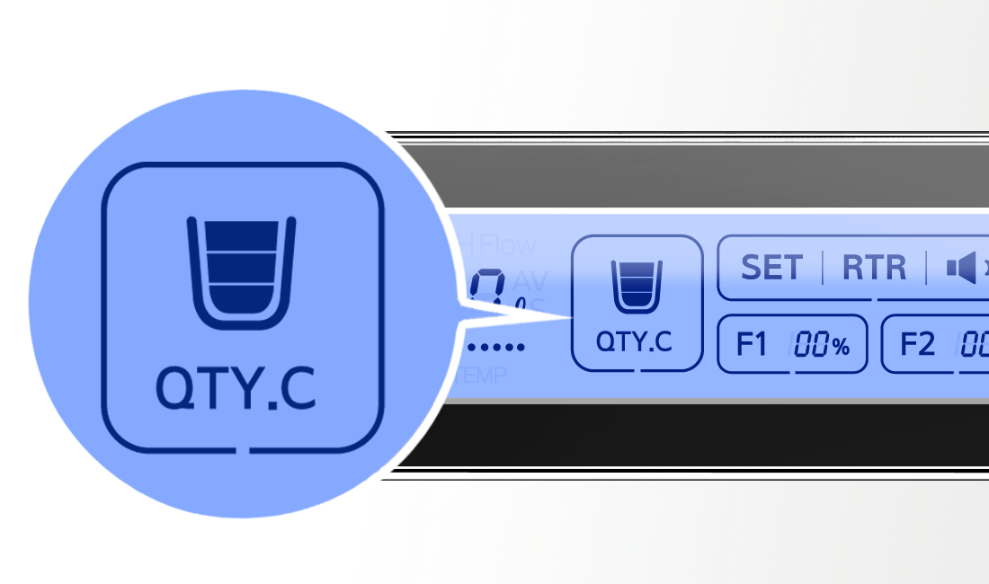 Tyent All-Edge 9 Turbo water ionizer control panel with QTY.C auto-fill quantity preset button and digital display