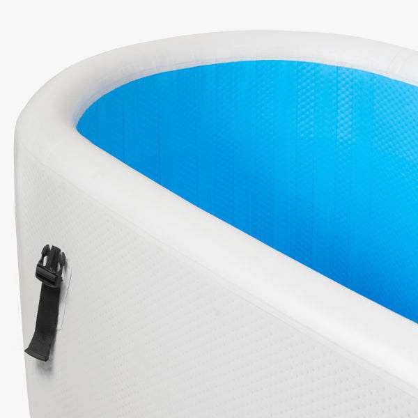 Inflatable plunge pool with durable white drop stitch PVC and blue interior for traditional sauna set