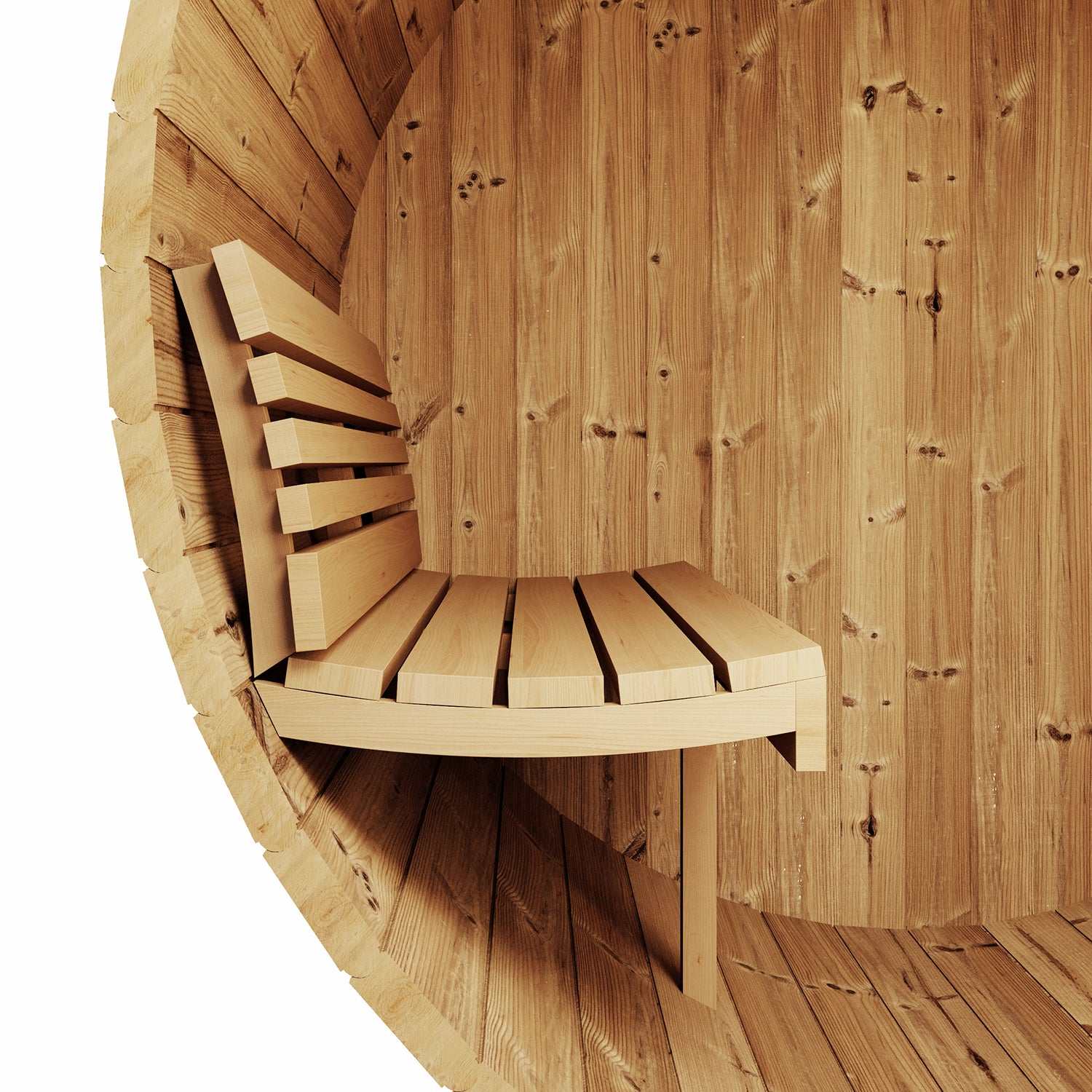 Interior view of SaunaLife Model E7G ergonomic sauna barrel bench made from durable Thermo-Spruce wood