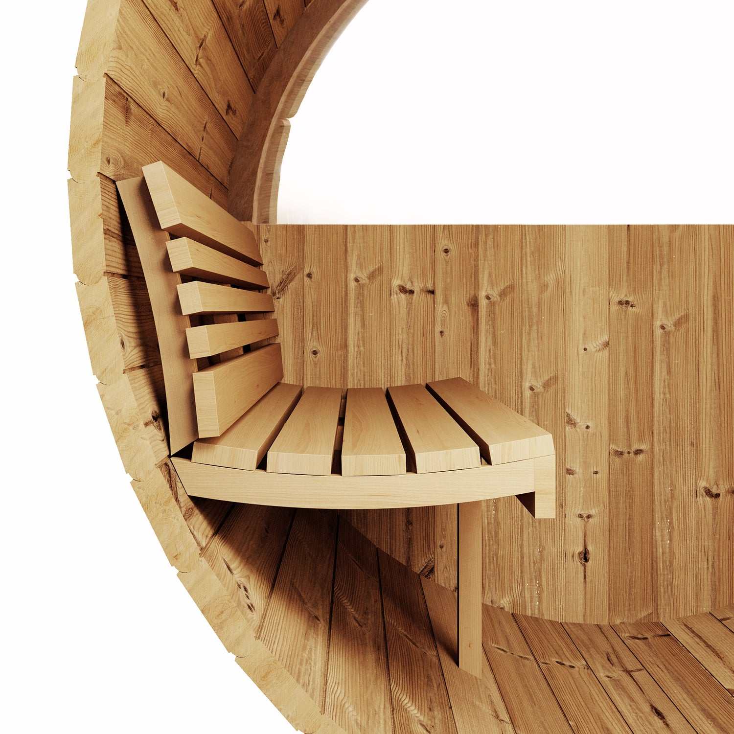 SaunaLife Model E7W ergonomic wooden sauna barrel interior with curved bench and Thermo-Spruce wood