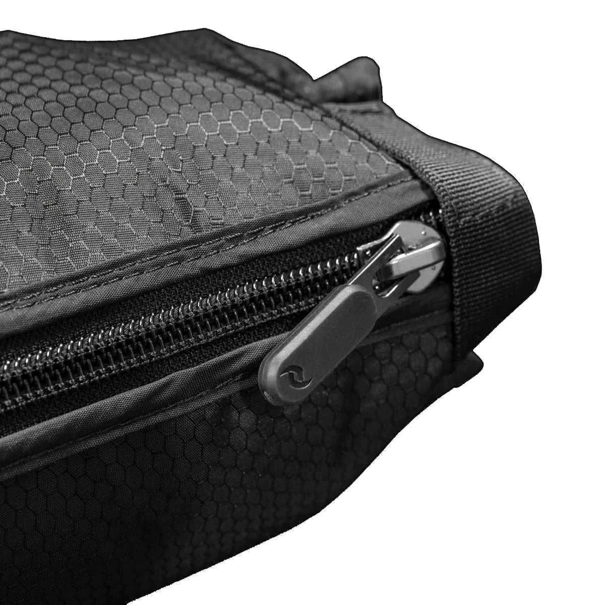 Close-up of black Rapid Reboot Boot Attachments compression recovery boot zipper and fabric texture