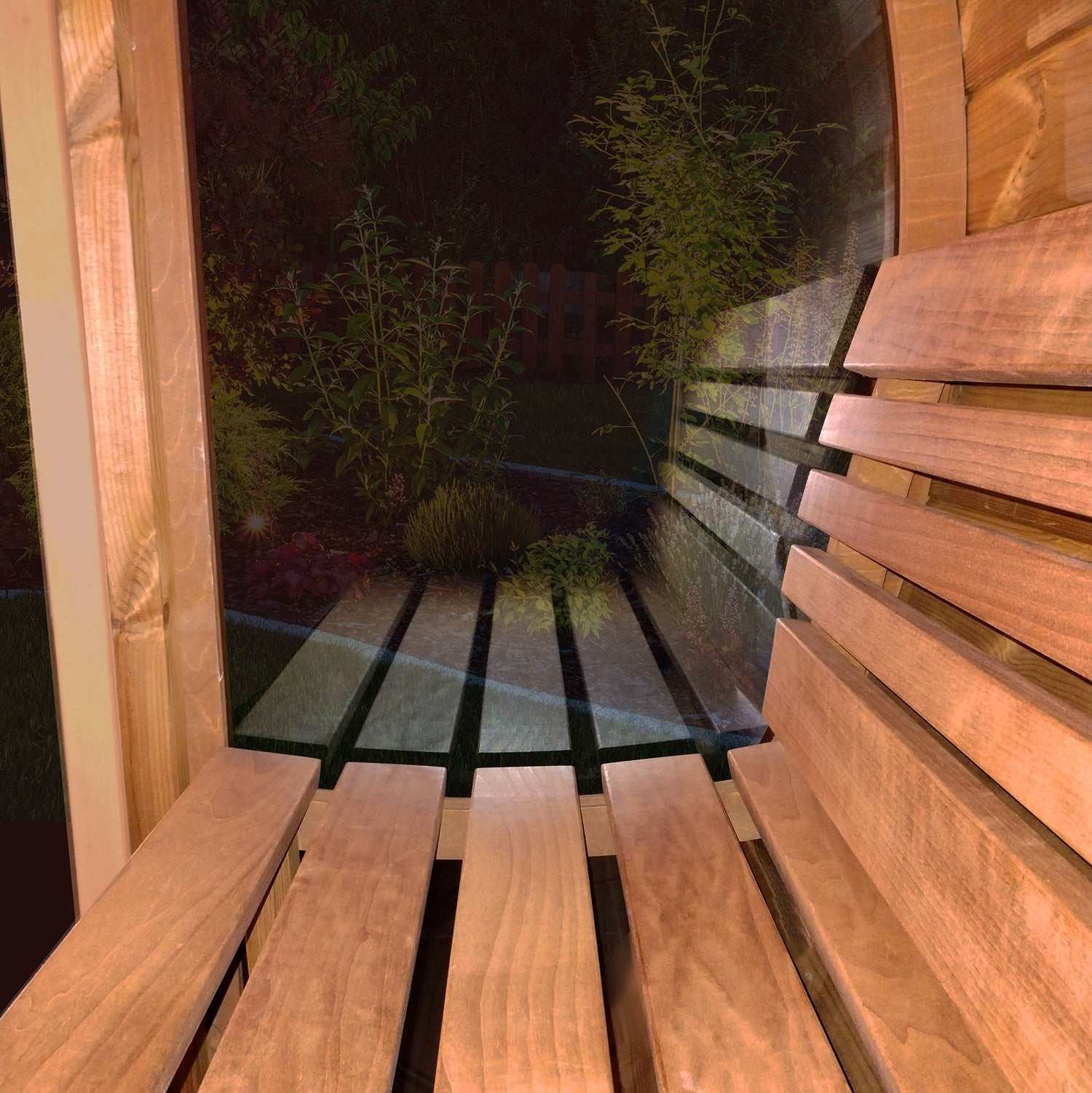 SaunaLife Model E8G sauna barrel interior with ergonomic thermo-aspen benches and full front glass view