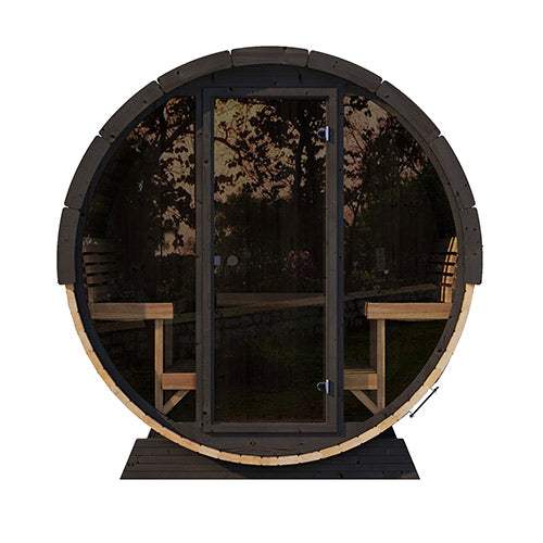 SaunaLife Model EE8G spacious home barrel sauna with curved Thermo-Aspen seating and tempered glass door