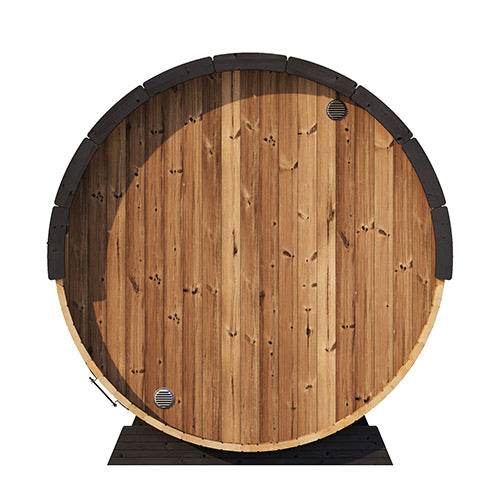 SaunaLife Model EE8G spacious wooden barrel sauna with Thermo-Spruce exterior and vents front view