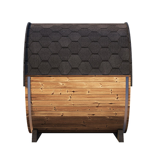 SaunaLife Model EE8G wooden barrel sauna with black shingled roof and curved design