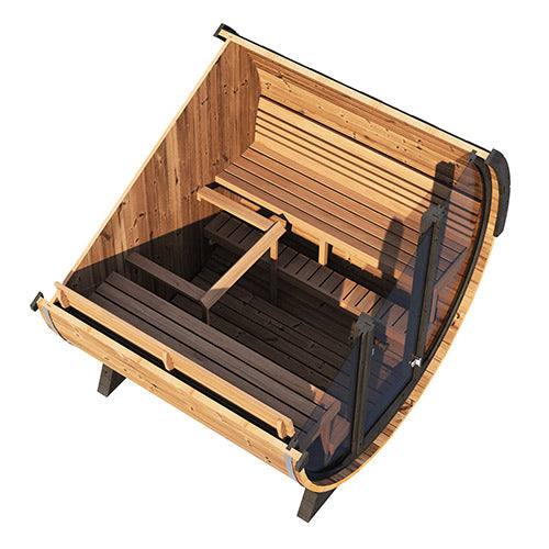 SaunaLife Model EE8G spacious wooden barrel sauna with contoured seating and glass wall