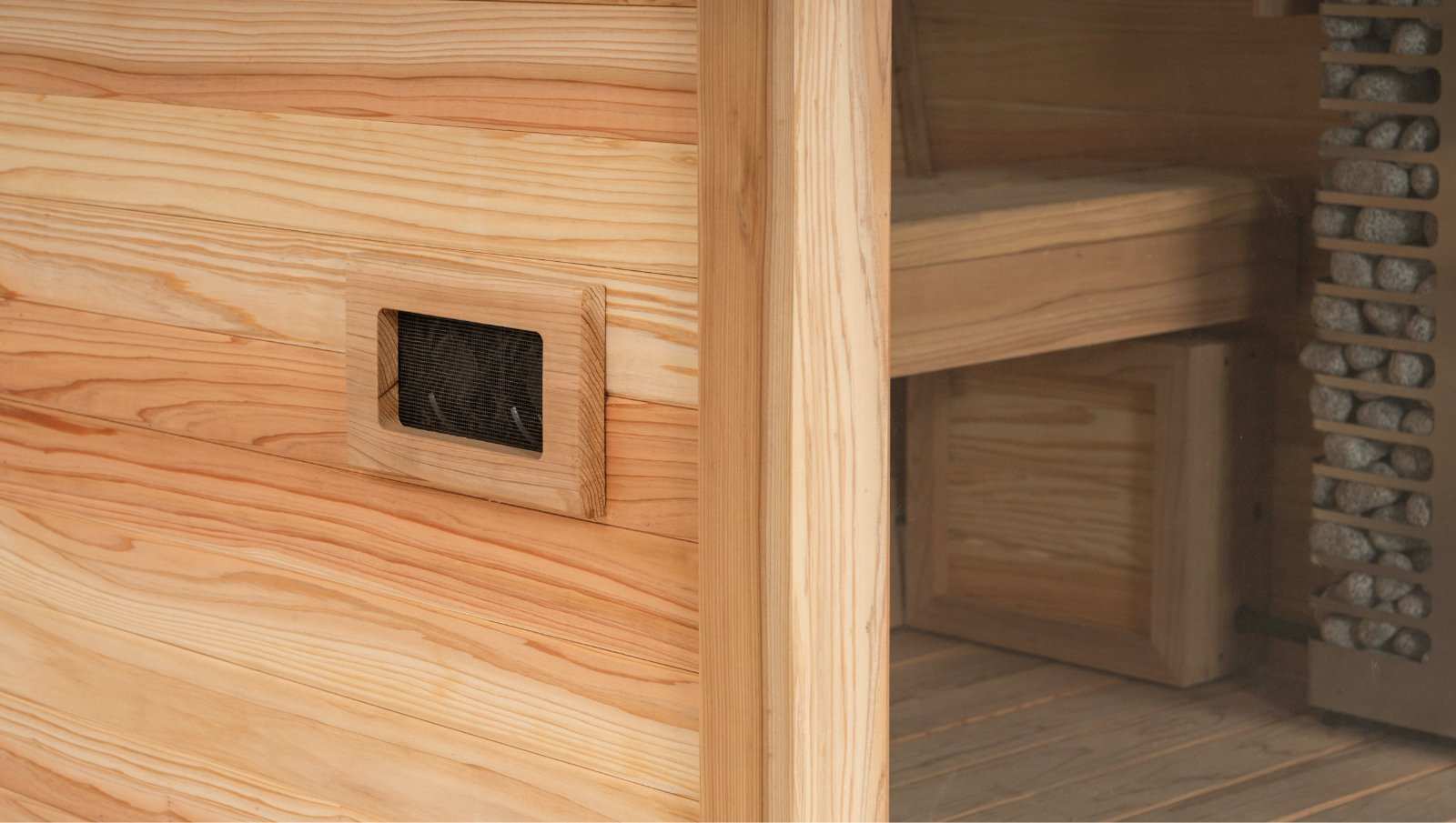 close-up of wooden infrared sauna interior in Plunge Pod + Sauna Mini Bundle for home recovery and wellness