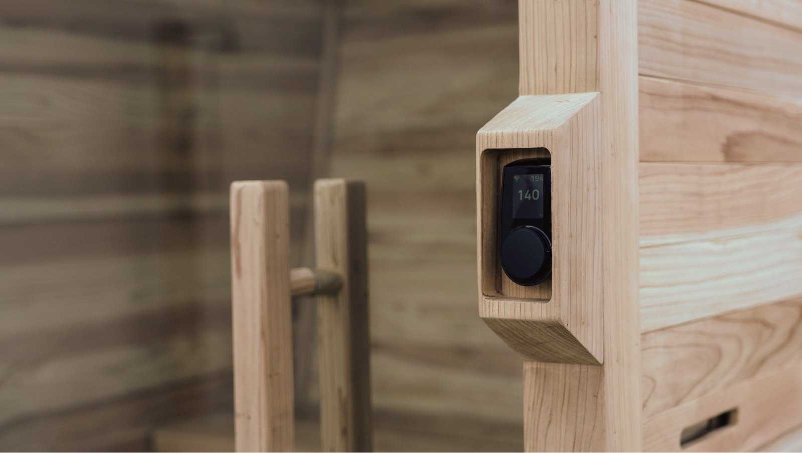 Plunge Pod + Sauna Mini Bundle wooden infrared sauna control panel close-up for home recovery and wellness