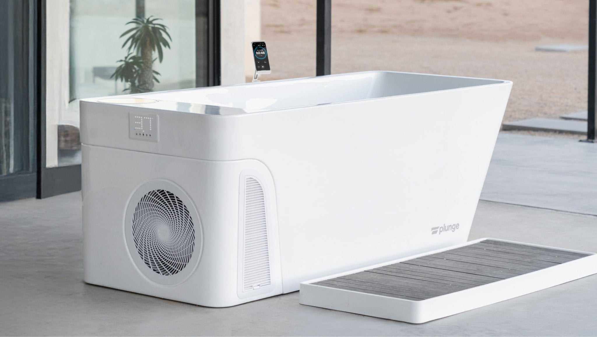 White premium cold plunge tub with integrated cooling and smartphone control for recovery and wellness