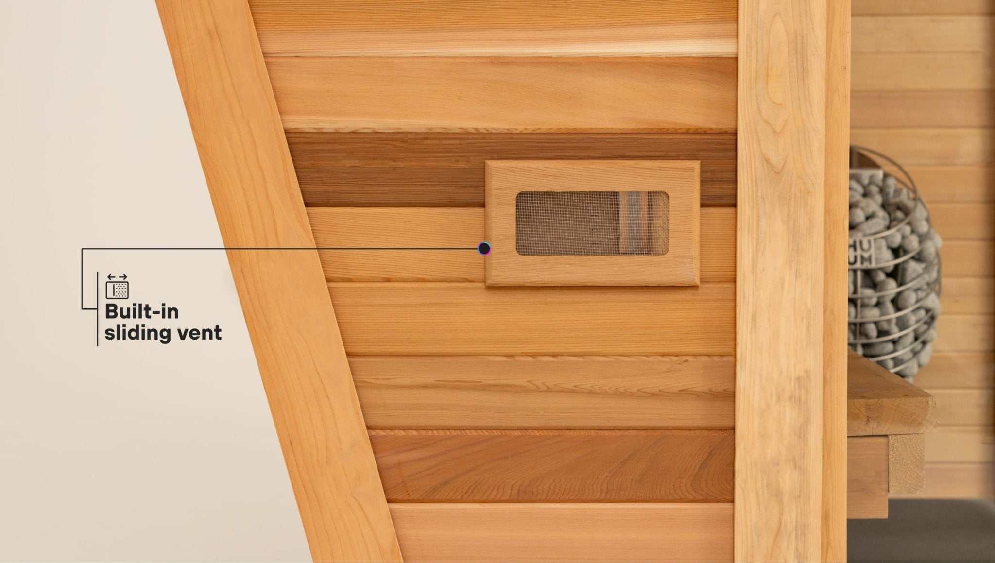 Built-in sliding vent on premium indoor/outdoor infrared sauna made of cedar wood