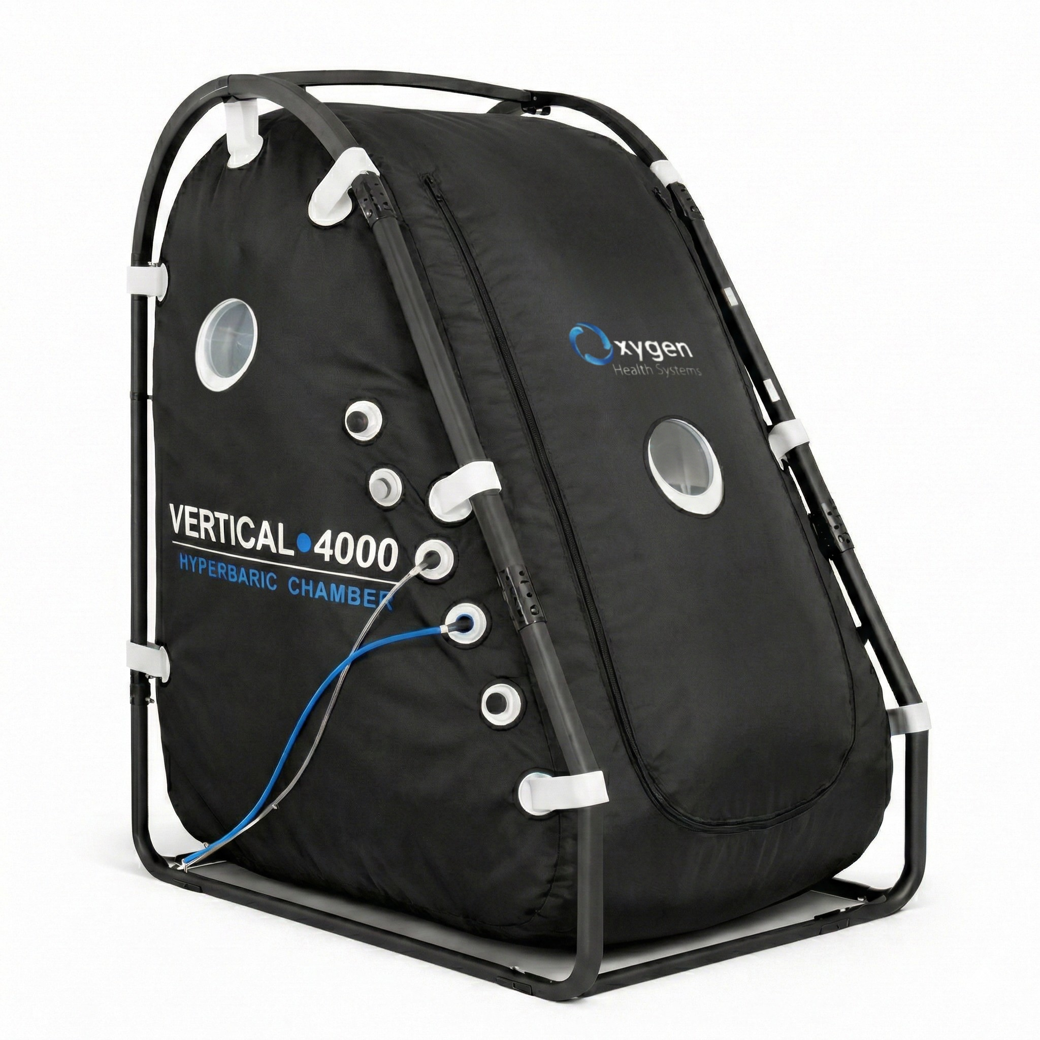 MC4000U sit-up hyperbaric chamber, front-right view showing transparent viewport windows