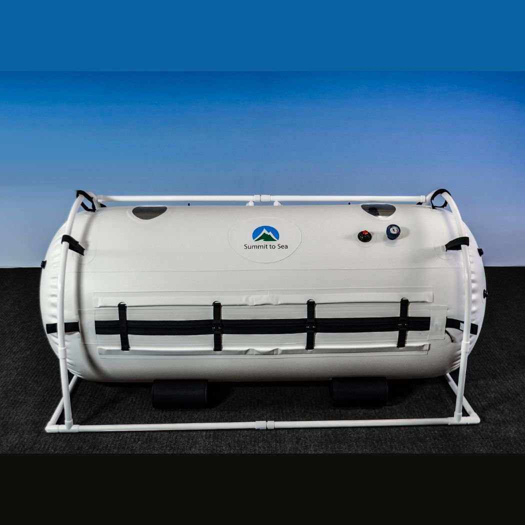 Summit to Sea Grand Dive Hyperbaric Chamber white 40-inch diameter portable therapeutic oxygen capsule with frame