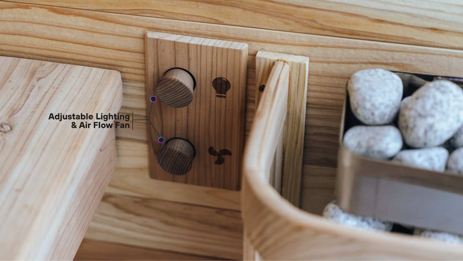 Close-up of wooden controls with adjustable lighting and airflow fan for Plunge Pod + Sauna Mini Bundle home recovery system