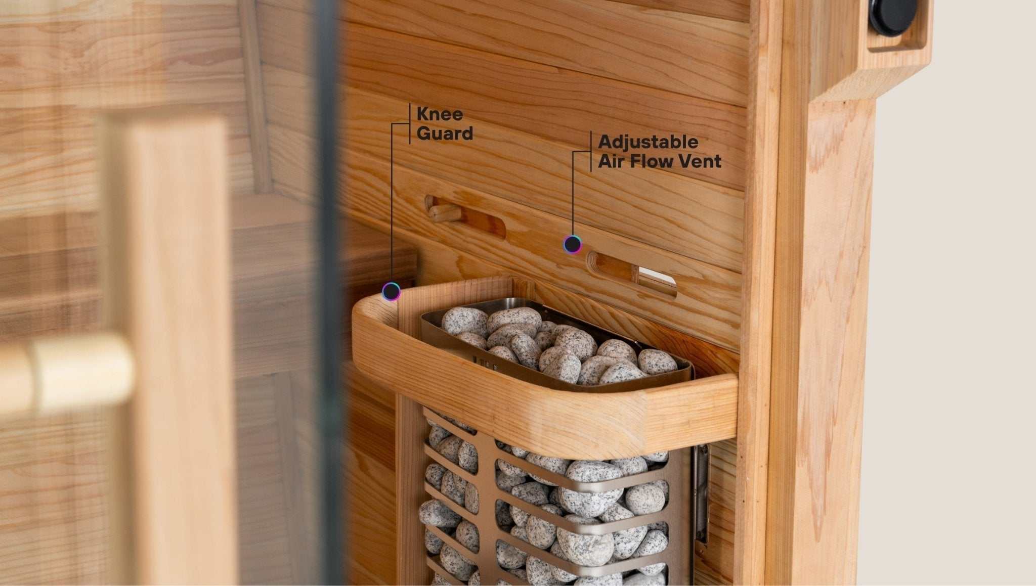 Close-up of wooden infrared sauna heater with knee guard and adjustable air flow vent in Plunge Pod + Sauna Mini Bundle home recovery system