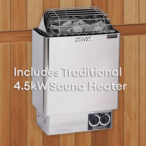 Finnmark FD-5 Trinity XL traditional 4.5kW sauna heater with sauna stones mounted on wood paneling