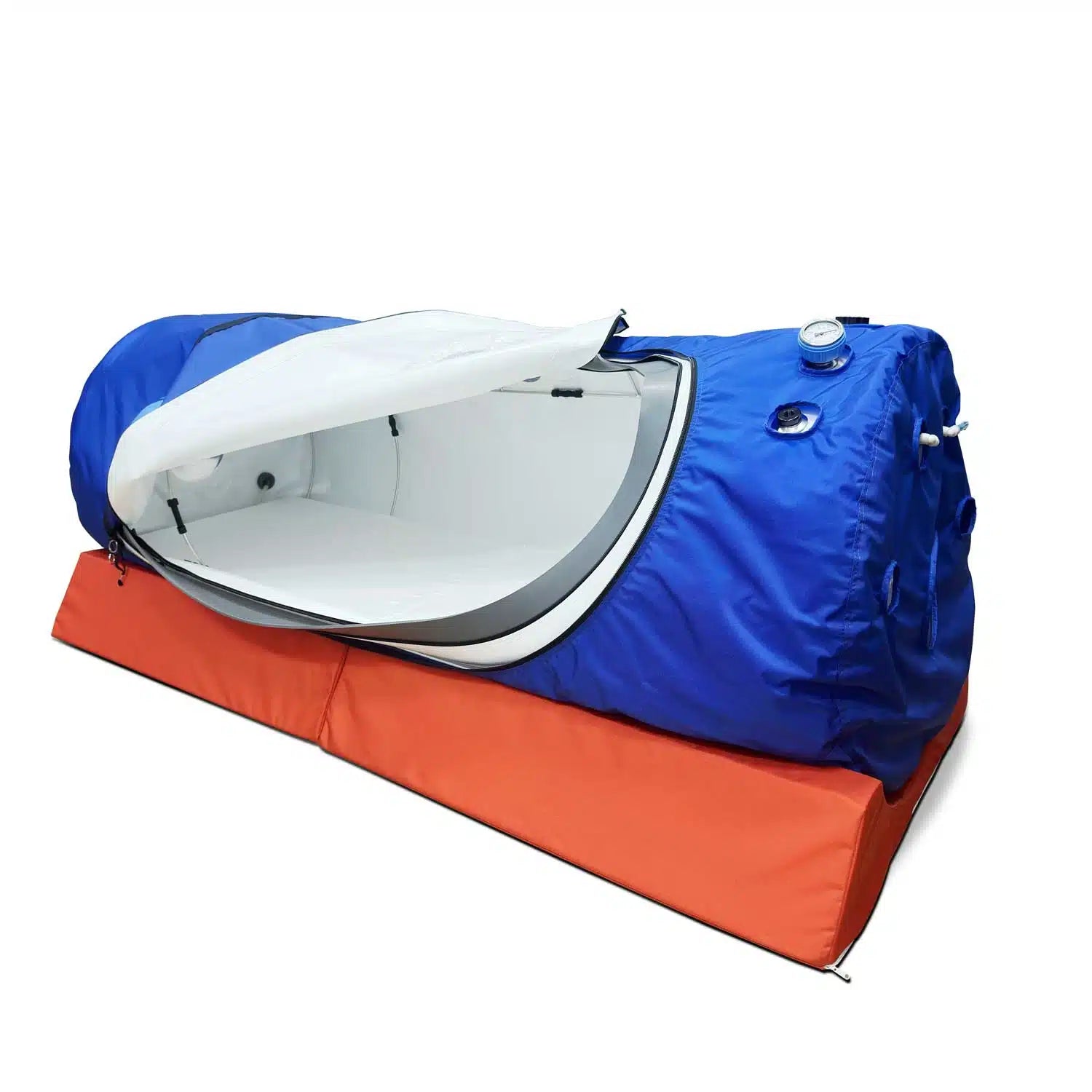 36-inch hyperbaric chamber with the J-shape zipper door open for entry
