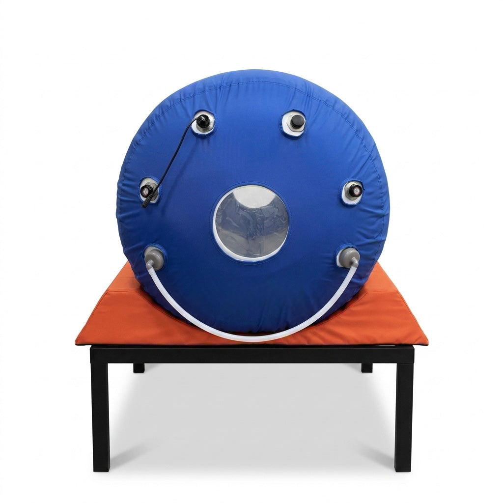 Soft-shell hyperbaric oxygen chamber on 16-inch elevation platform, side angle