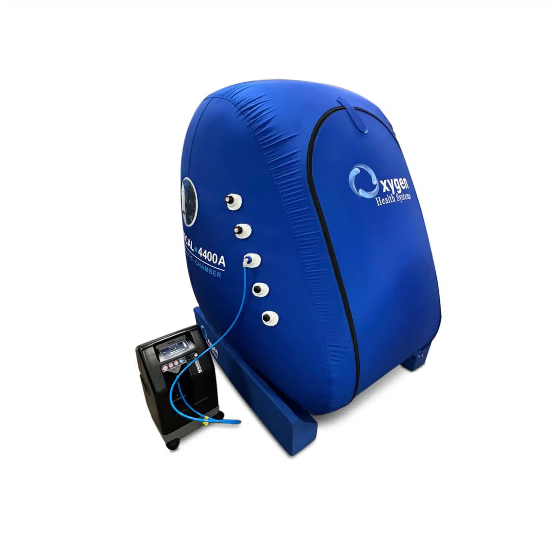 Vertical hyperbaric chamber showing depth for reclining or lying down during a session