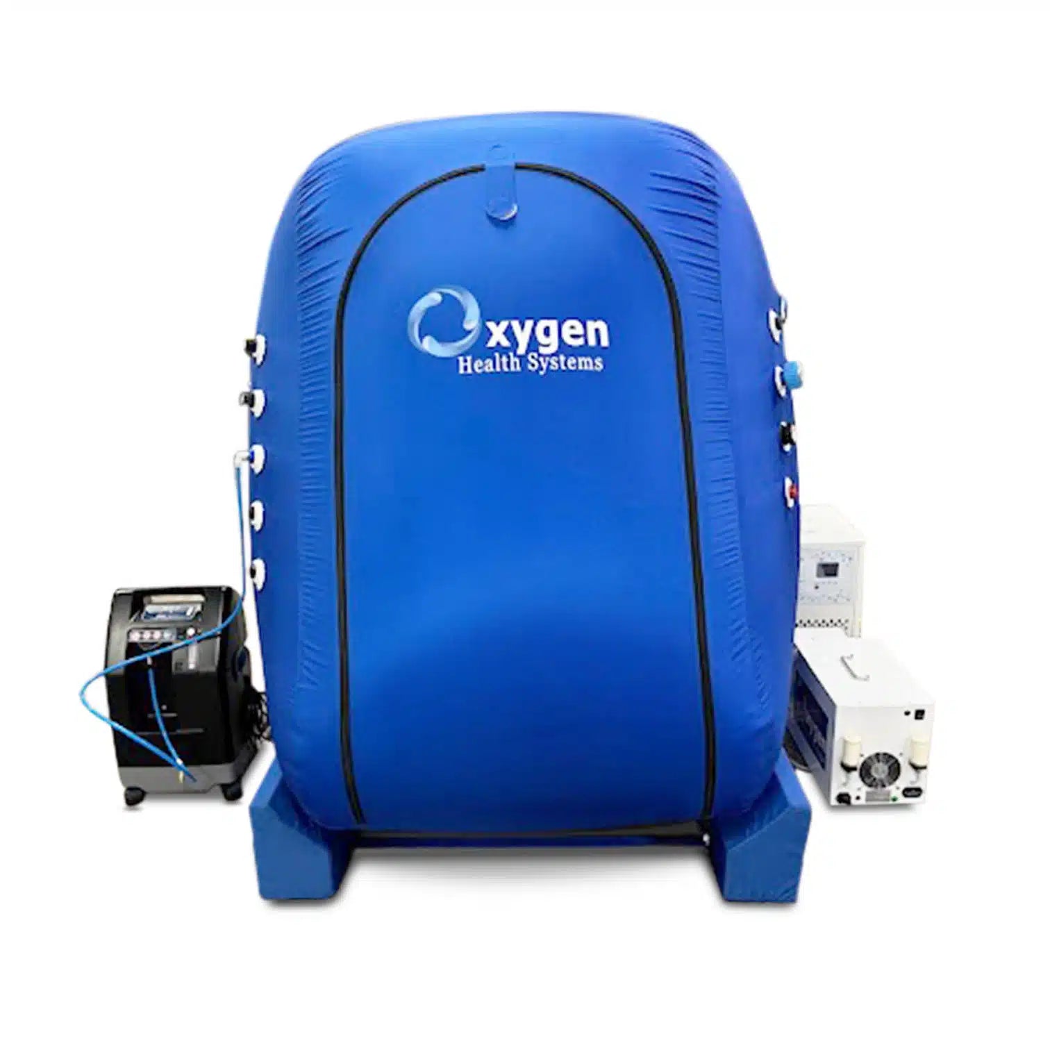 Vertical hyperbaric oxygen chamber with wide entry door and transparent viewport windows, side view
