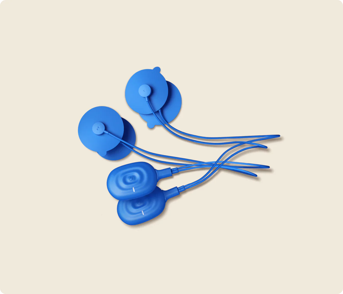 PowerDot 2.0 Duo app-controlled TENS and NMES muscle stimulator in blue with electrode pads and wires.