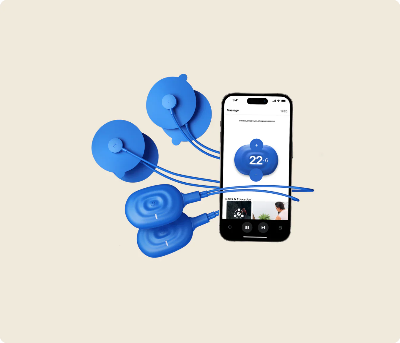 Power Dot DUO app controlled TENS and NMES muscle stimulator with blue electrodes and smartphone display