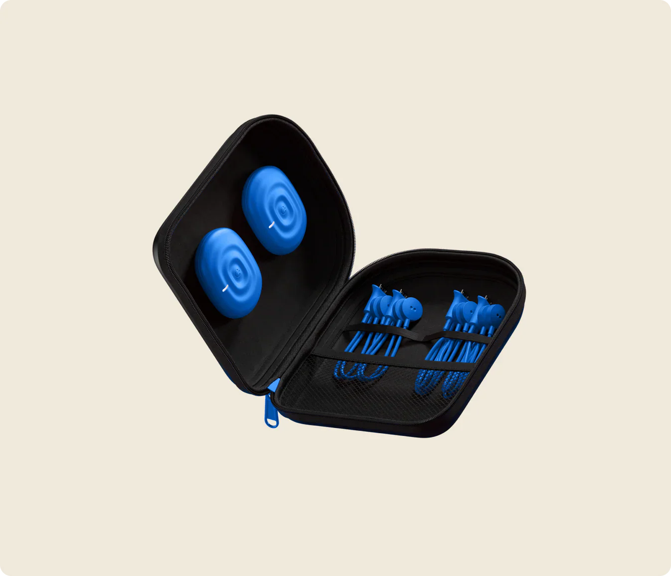 PowerDot 2.0 Duo app-controlled TENS and NMES muscle stimulator in black case with blue devices and cables