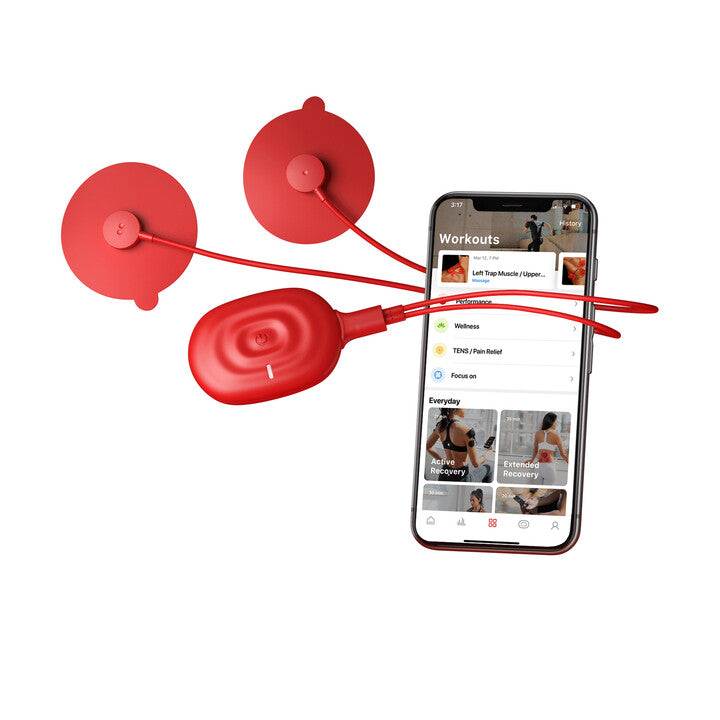 PowerDot Uno app controlled red TENS and NMES muscle stimulator with smartphone interface