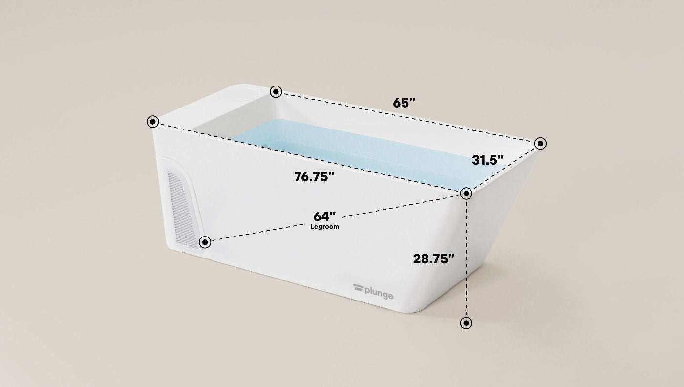 Grey stainless steel cold plunge tub with measurements for legroom and dimensions shown