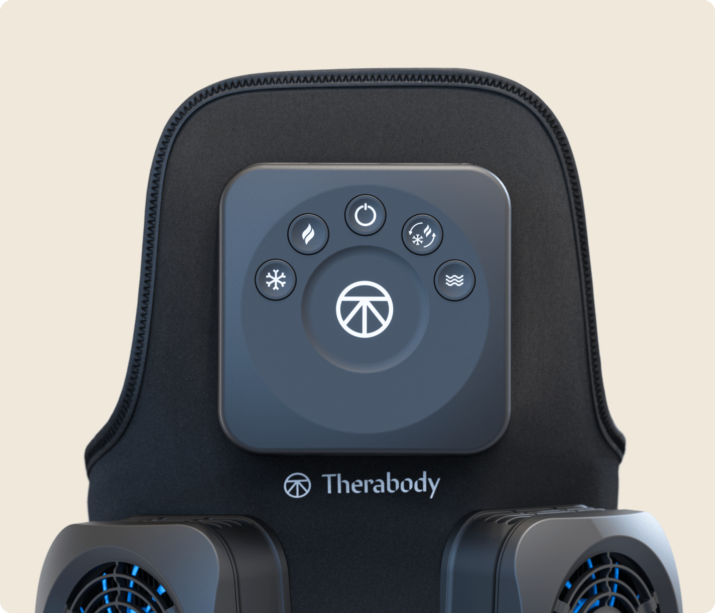 Therabody RecoveryTherm Knee wrap with heat, cold, contrast, and vibration therapy controls on black neoprene fabric
