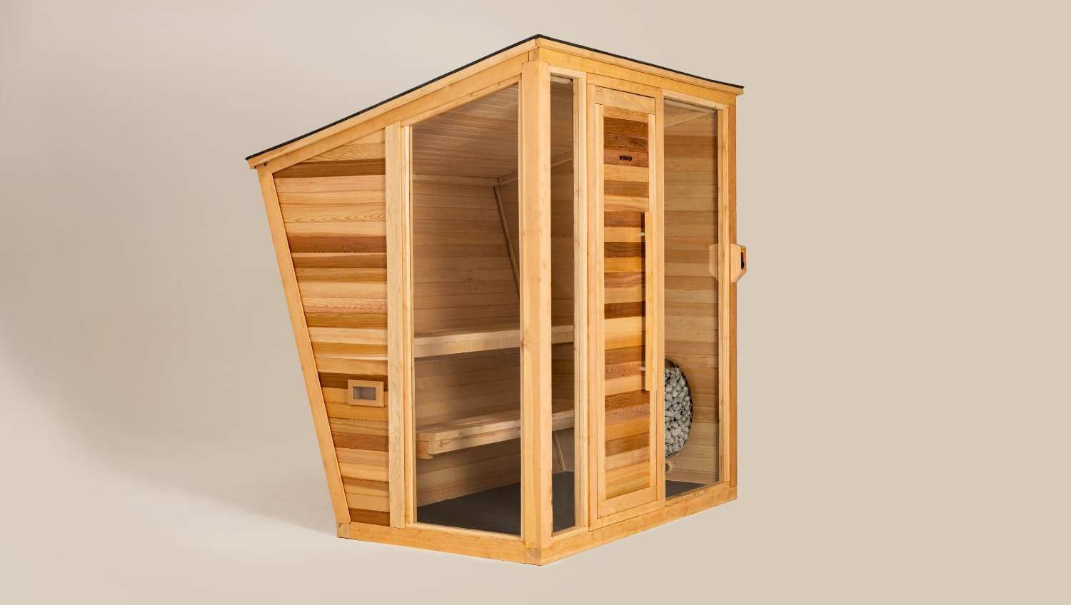 Premium indoor/outdoor infrared sauna made of cedar wood with foldable seating and climate resistance