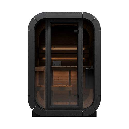SaunaLife Model CL3G outdoor home sauna kit with black frame and glass door