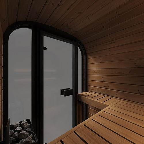 SaunaLife Model CL3G outdoor home sauna kit interior with wooden benches and glass door