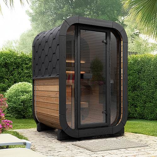 SaunaLife Model CL3G outdoor home sauna kit with wood and glass design in backyard setting