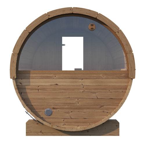 SaunaLife Model E7W outdoor sauna barrel with panoramic half-moon window and Thermo-Spruce wood construction