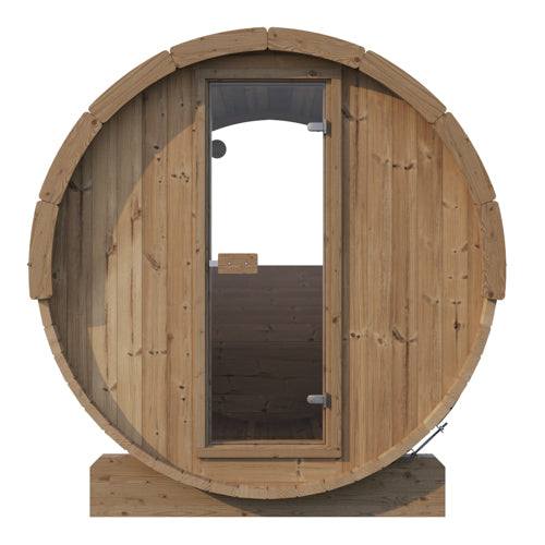 SaunaLife Model E7W ergonomic outdoor barrel sauna with panoramic window and thermo-spruce wood