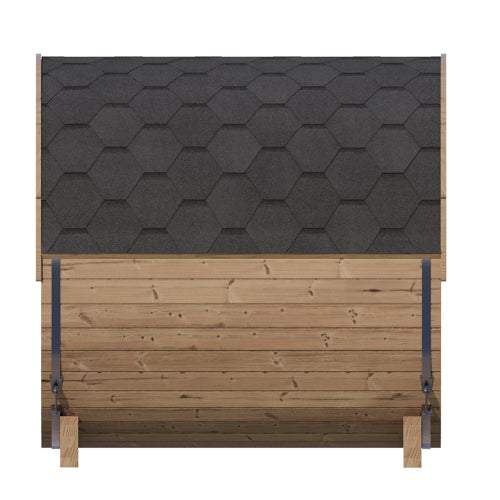 SaunaLife Model E7W outdoor sauna barrel with black shingle roof and thermo-spruce wood construction
