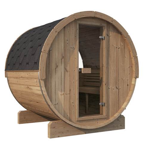 SaunaLife Model E7W outdoor barrel sauna with panoramic window and black shingle roof