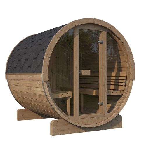 SaunaLife Model E8G barrel sauna with glass front and thermo-spruce wood construction